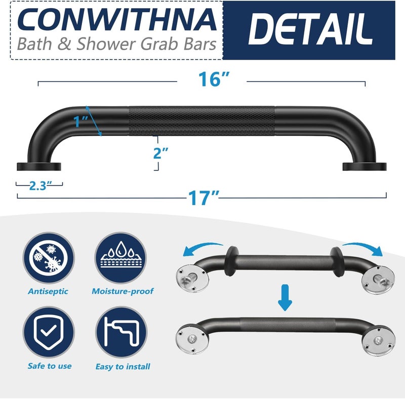 Conwithna 2 Pack Shower Grab Bars for Bathroom 16 Inch Black Stainless Steel Anti-Slip Knurled Grip Home Care Bath Handrail Safety Hand Rail Support for Showers Seniors Elderly Assist Handicap Bath Handle - Image 2